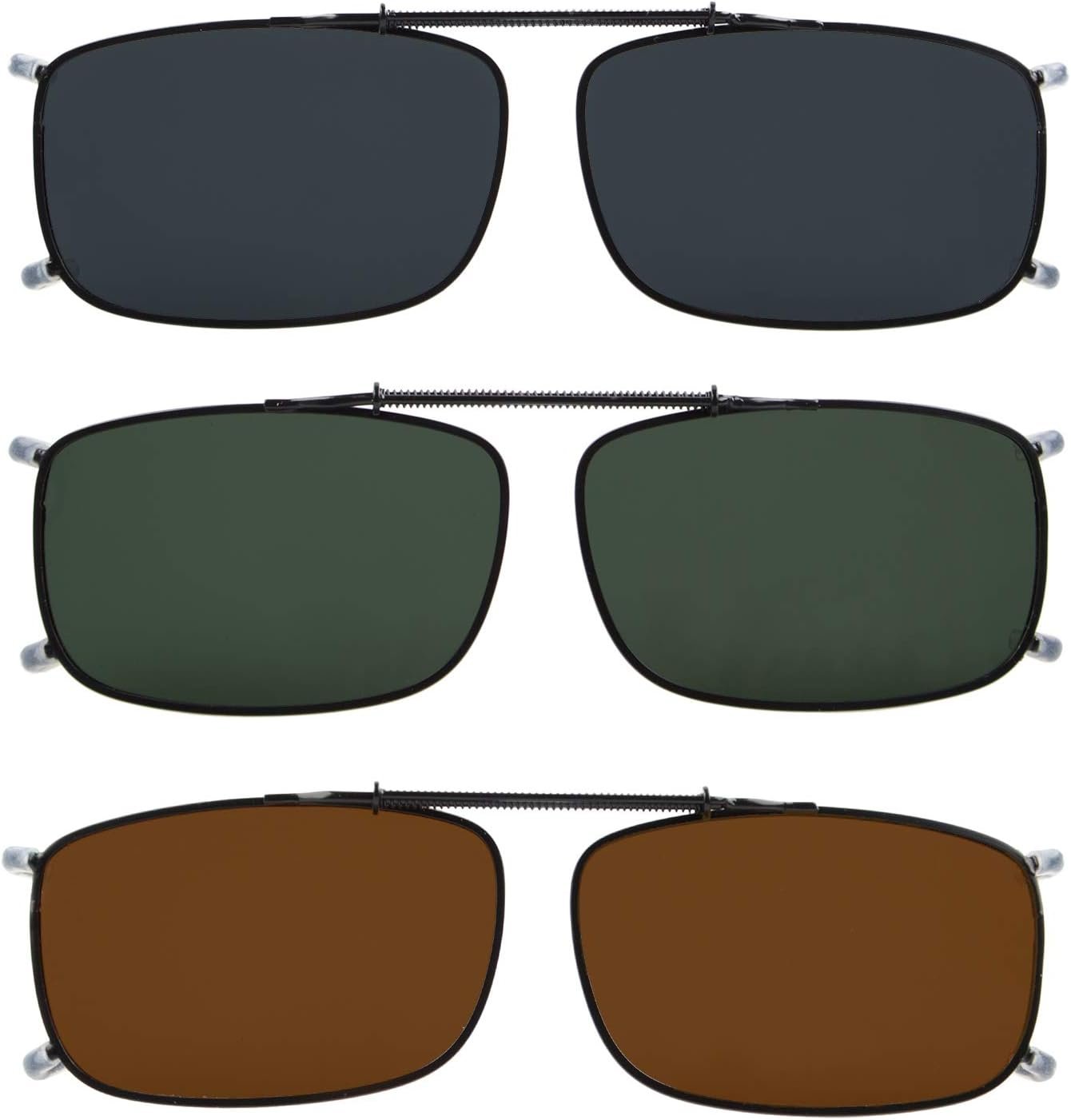 Eyekepper 3-pack Polarized Clip on Sunglasses With Spring Draw Bar Grey/Brown/Green Lens 54 * 34MM