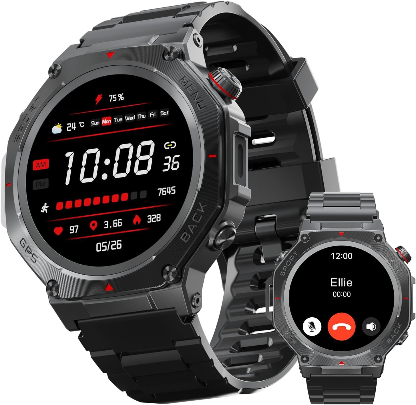 Military Smart Watch for Men Women,1.5″ HD Touchscreen Rugged Fitness Tracker Smartwatch, Bluetooth Dual-mode GPS,3ATM Waterproof,170+ Sport Modes with Heart Rate/Sleep Monitor Watch for Android/ios