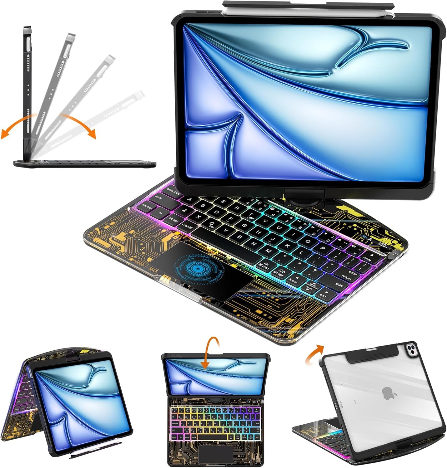 Clear Keyboard Case for iPad Air 13″ (M3/M2, 2025/2024) & Pro 12.9″ (3/4/5/6th Gen) 360° Swivel Multi-Touch Trackpad with Wireless Bluetooth 7-Color Backlight, Pencil Holder Black